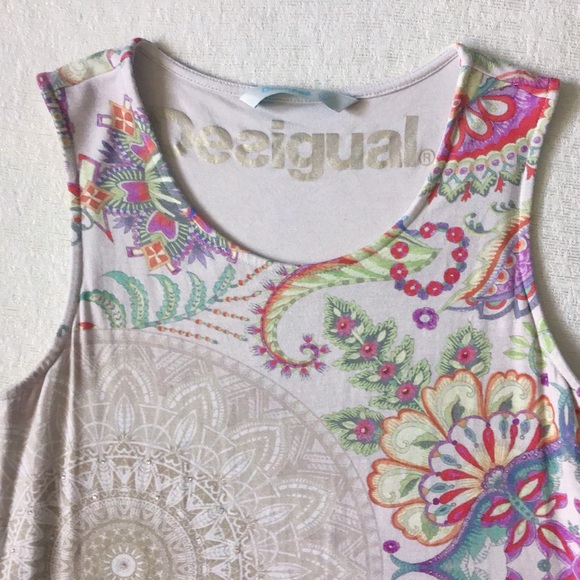 Desigual Sleeveless Top Woman’s Small Colorful Graphic Ruffle Hem Mixed Fabrics - Picture 3 of 11